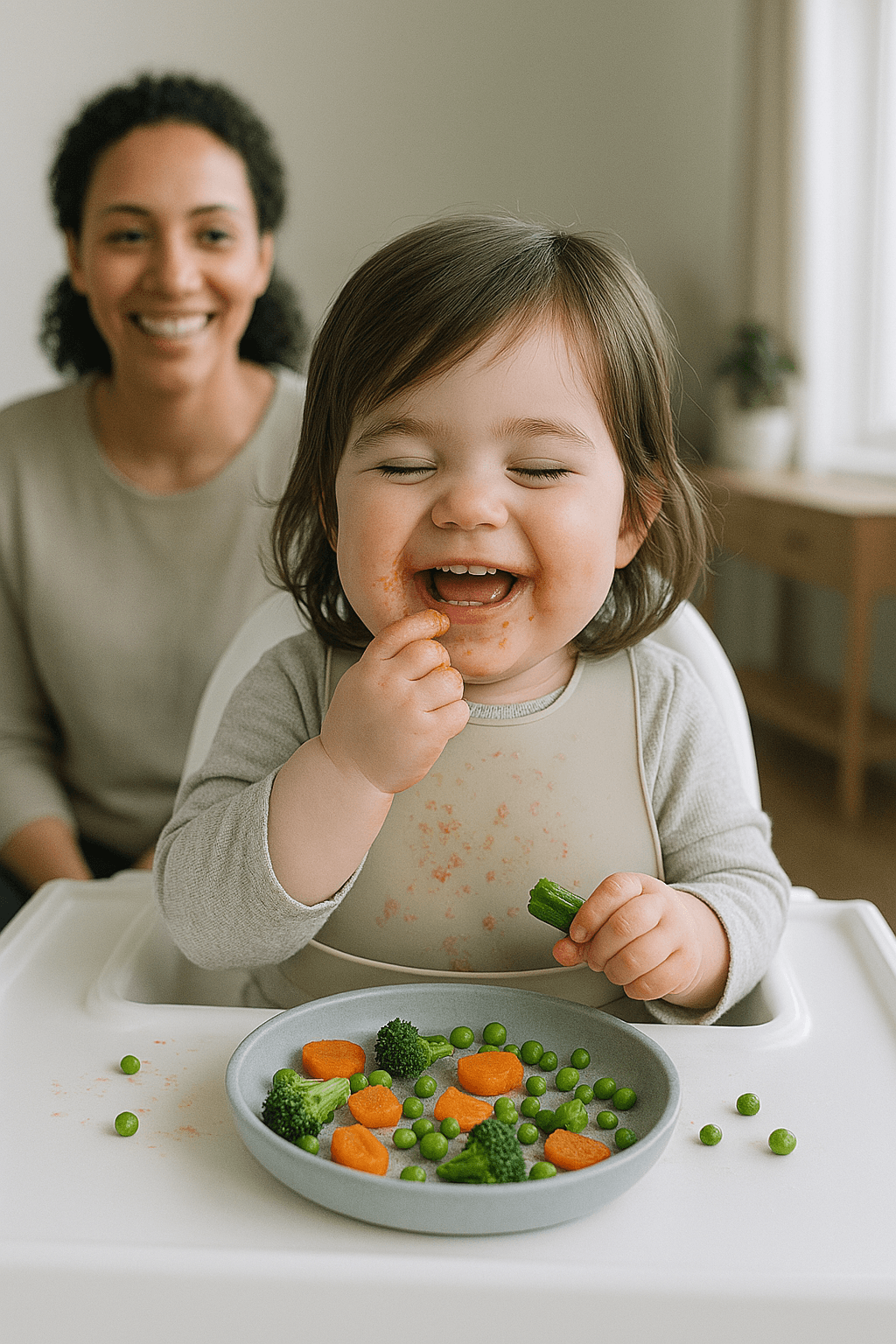 Smiling toddler and relaxed parent at home